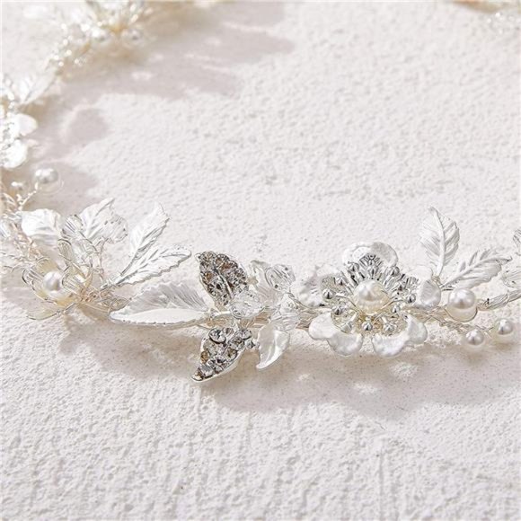 SWEETV Sliver Flower-Leaf Bridal Headpieces for Wedding Headband Bride Hair